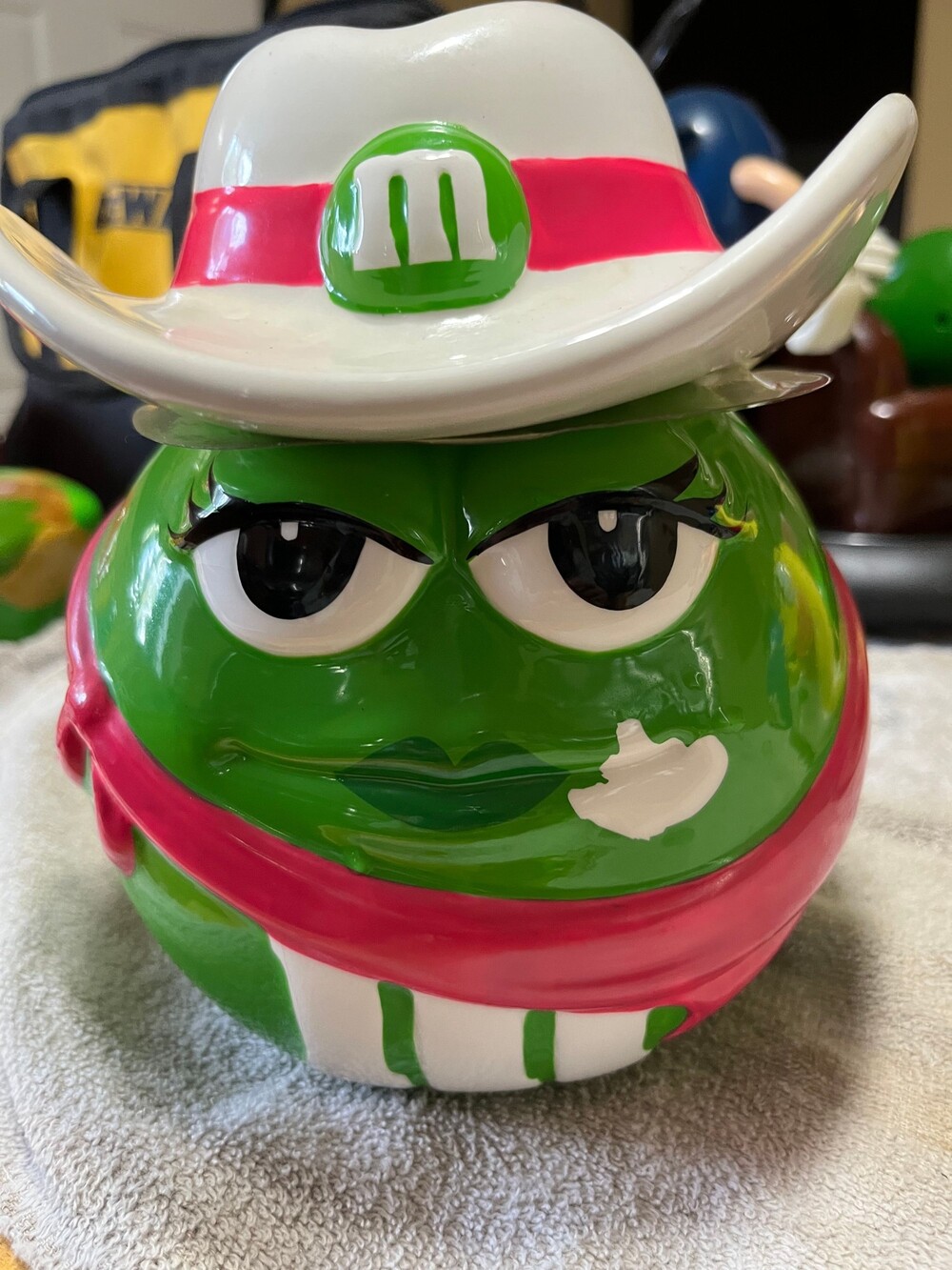 M&M's Green M&M Cowgirl Cookie Jar Ceramic Hat Lid m Logo